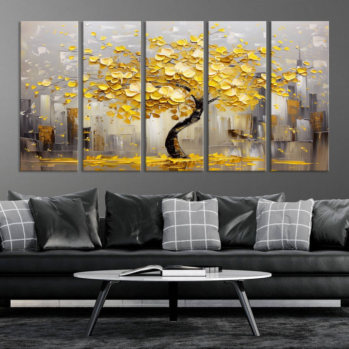 Abstract Gold Yellow Leaf Tree Wall Art Canvas Print