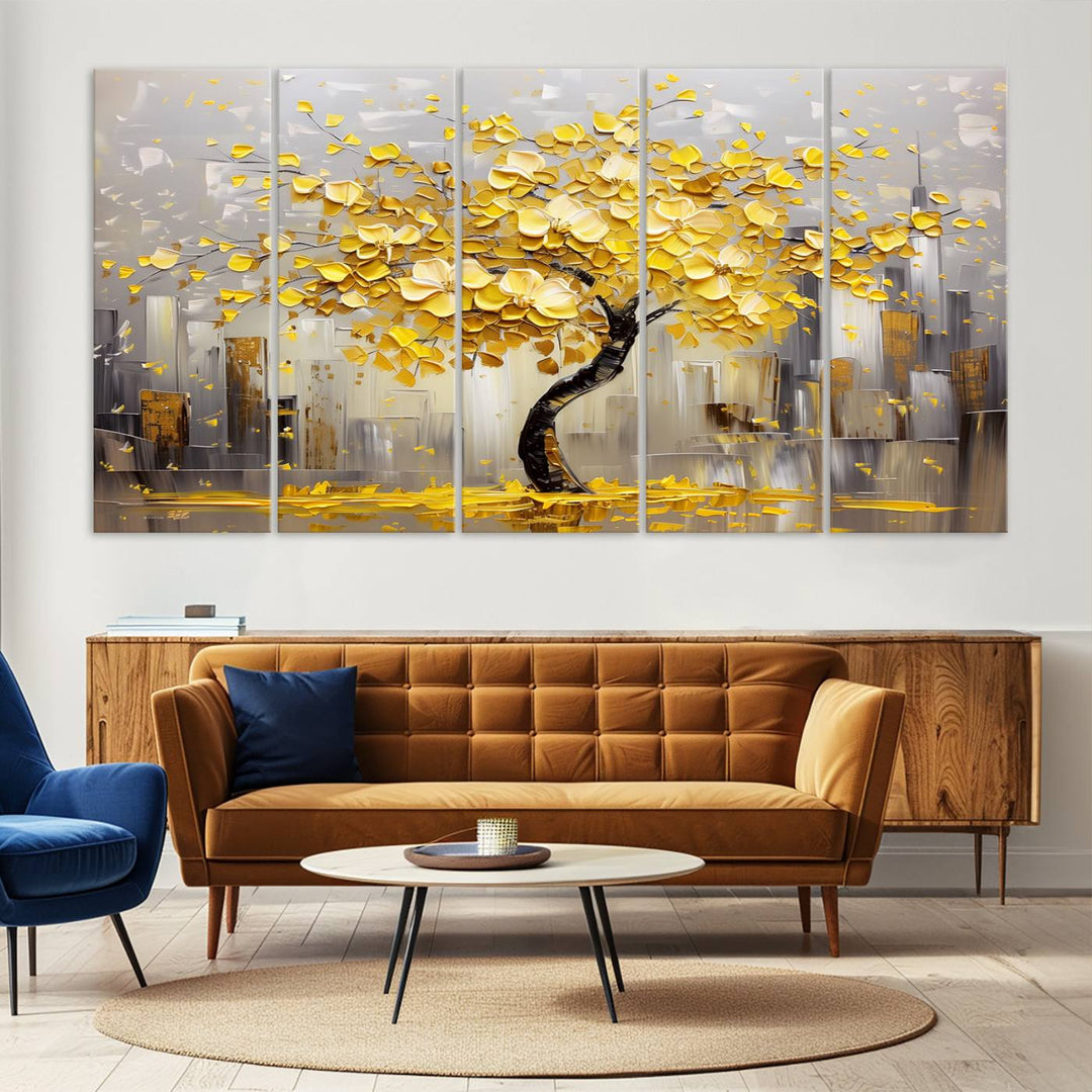 Abstract Gold Yellow Leaf Tree Wall Art Canvas Print