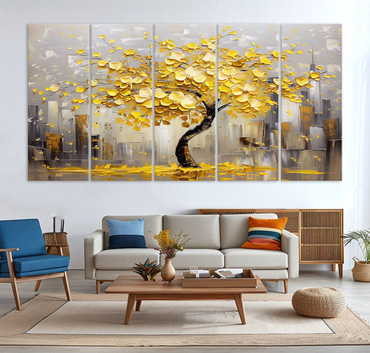 Abstract Gold Yellow Leaf Tree Wall Art Canvas Print