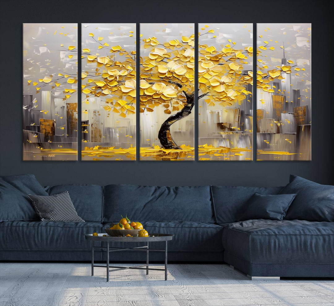 Abstract Gold Yellow Leaf Tree Wall Art Canvas Print