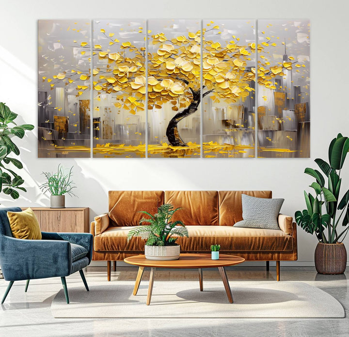 Abstract Gold Yellow Leaf Tree Wall Art Canvas Print