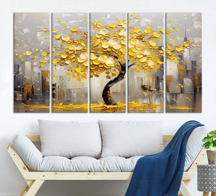 Abstract Gold Yellow Leaf Tree Wall Art Canvas Print