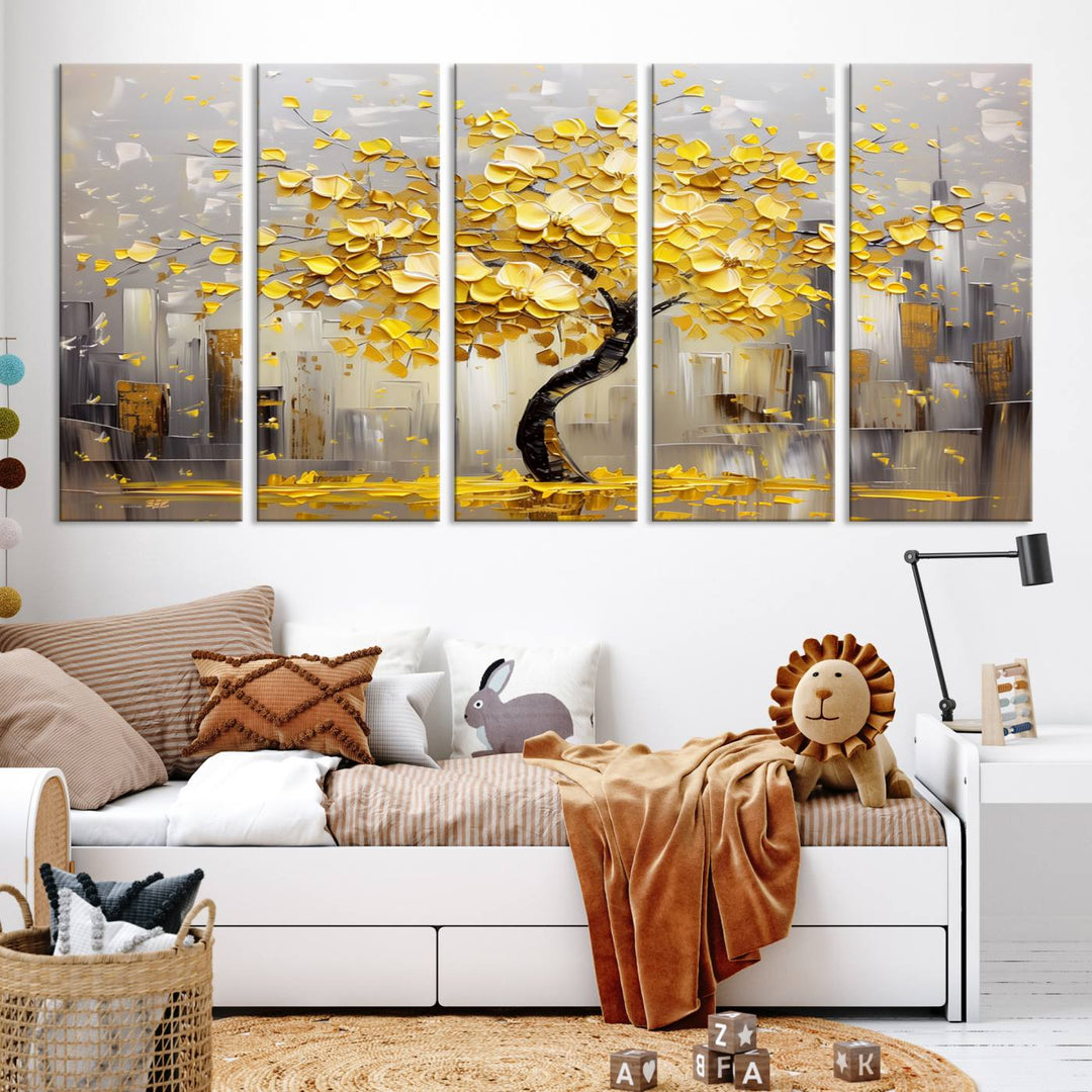 Abstract Gold Yellow Leaf Tree Wall Art Canvas Print