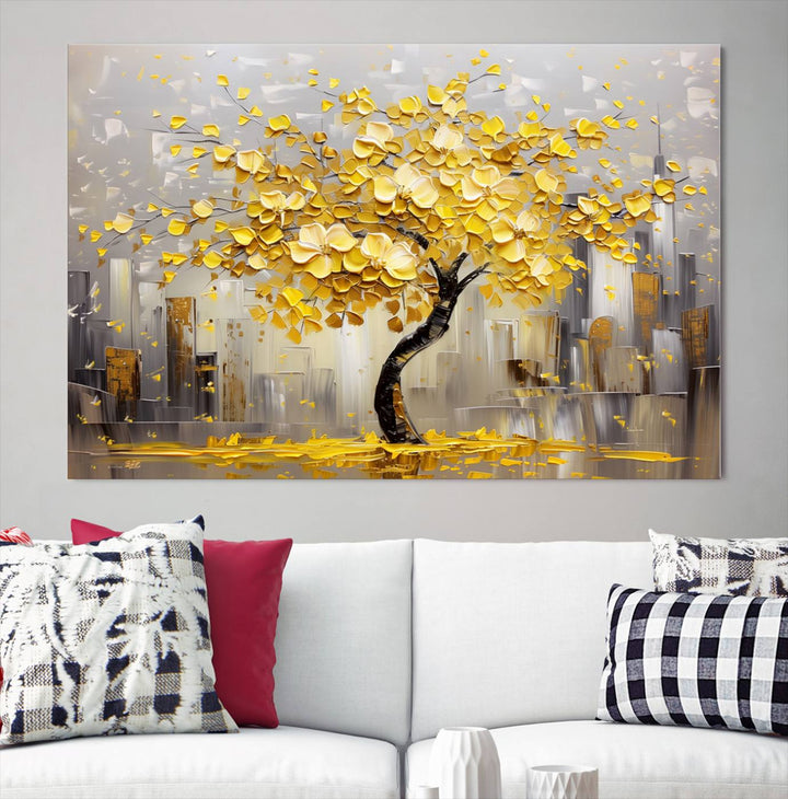 Abstract Gold Yellow Leaf Tree Wall Art Canvas Print