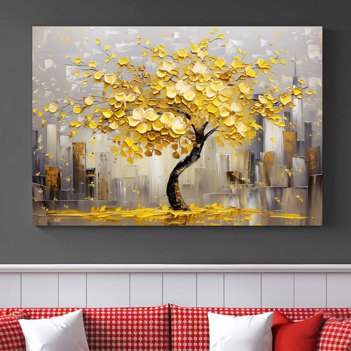 Abstract Gold Yellow Leaf Tree Wall Art Canvas Print