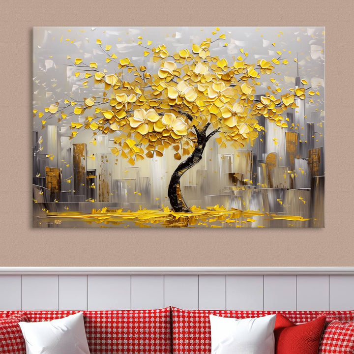 Abstract Gold Yellow Leaf Tree Wall Art Canvas Print