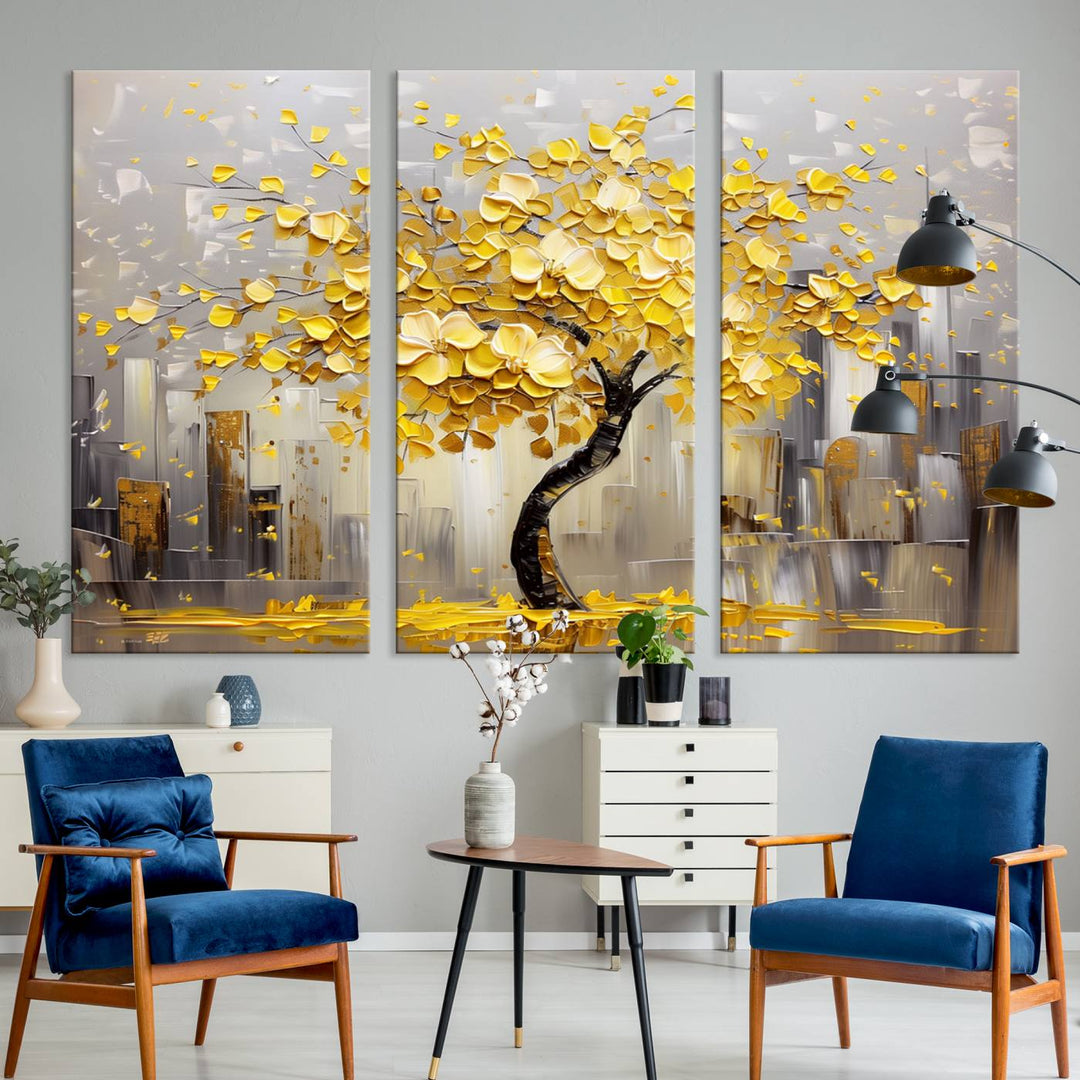 Abstract Gold Yellow Leaf Tree Wall Art Canvas Print