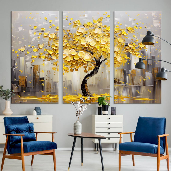 Abstract Gold Yellow Leaf Tree Wall Art Canvas Print