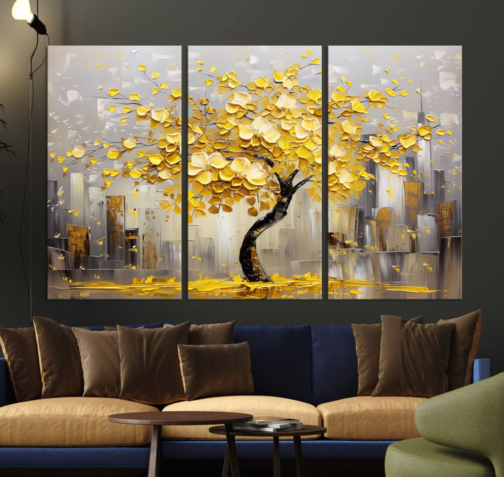 Abstract Gold Yellow Leaf Tree Wall Art Canvas Print