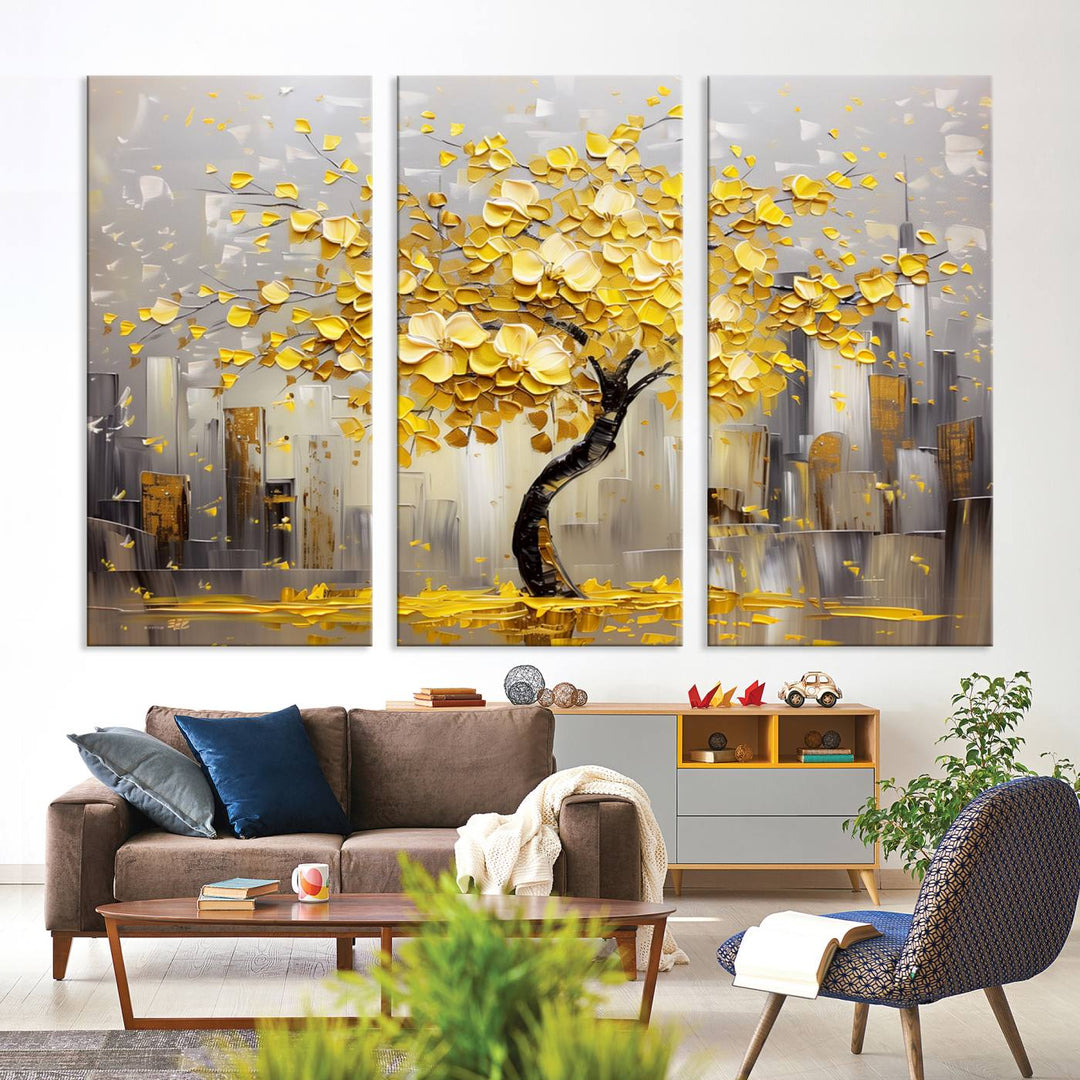 Abstract Gold Yellow Leaf Tree Wall Art Canvas Print