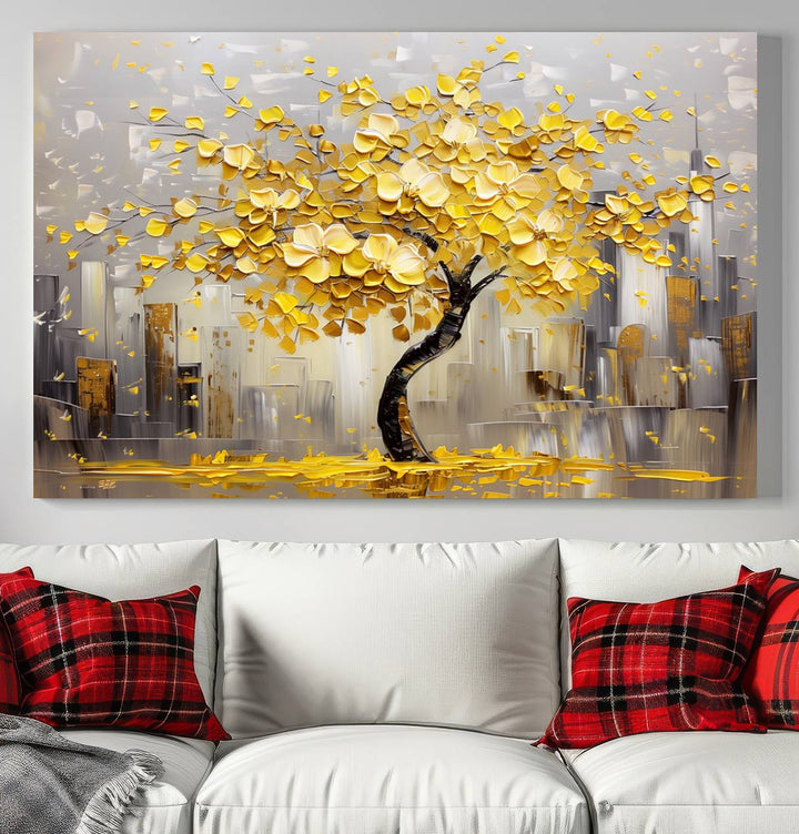 Abstract Gold Yellow Leaf Tree Wall Art Canvas Print