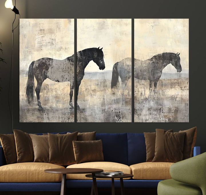 Abstract Horse Canvas Wall Art Print - Rustic Equestrian Decor Featuring Two Horses, Western Farmhouse Wall Art for Living Room, Office, Ready to Hang