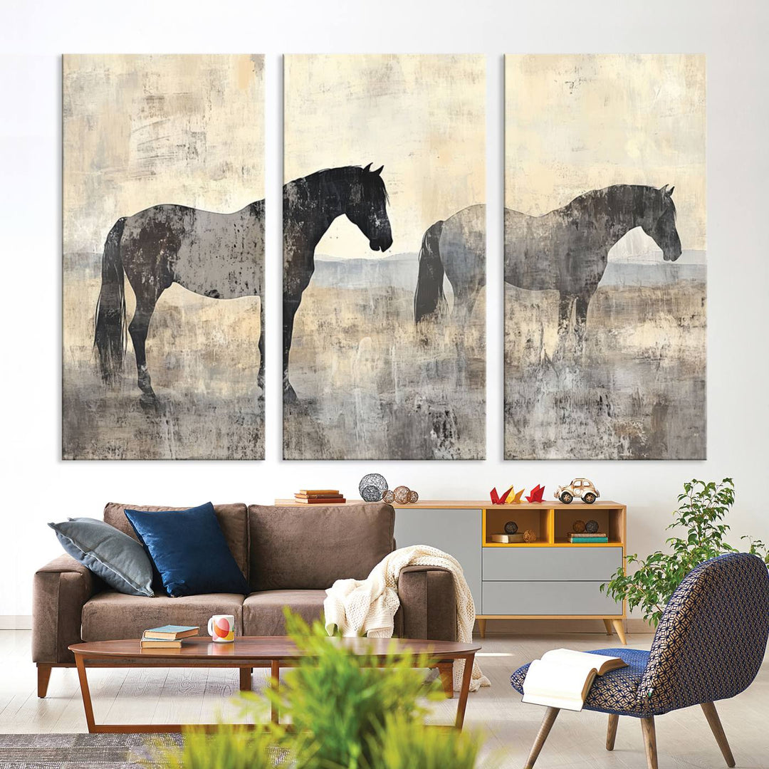 Abstract Horse Canvas Wall Art Print - Rustic Equestrian Decor Featuring Two Horses, Western Farmhouse Wall Art for Living Room, Office, Ready to Hang