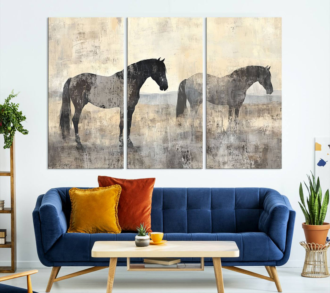 Abstract Horse Canvas Wall Art Print - Rustic Equestrian Decor Featuring Two Horses, Western Farmhouse Wall Art for Living Room, Office, Ready to Hang