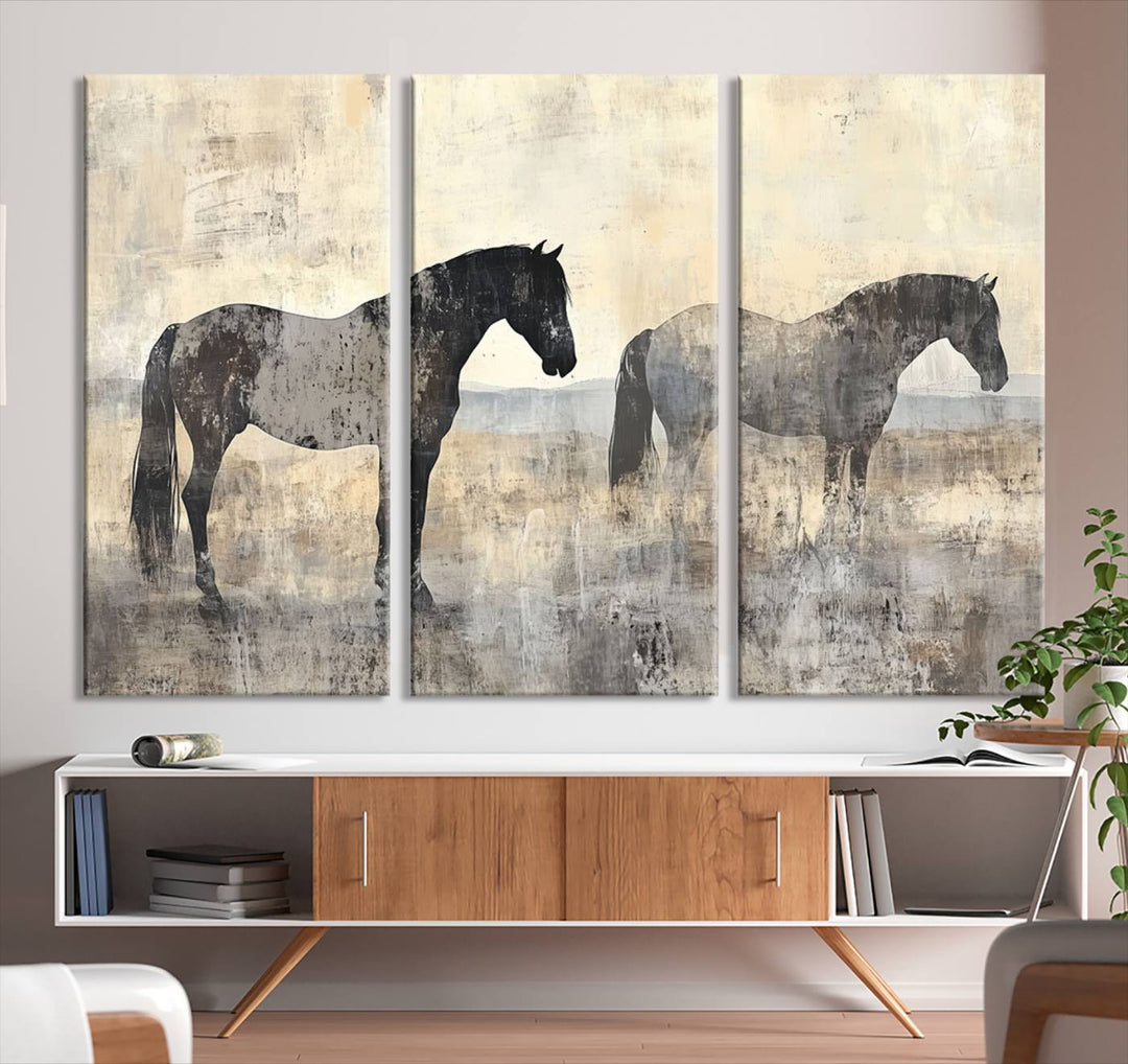 Abstract Horse Canvas Wall Art Print - Rustic Equestrian Decor Featuring Two Horses, Western Farmhouse Wall Art for Living Room, Office, Ready to Hang