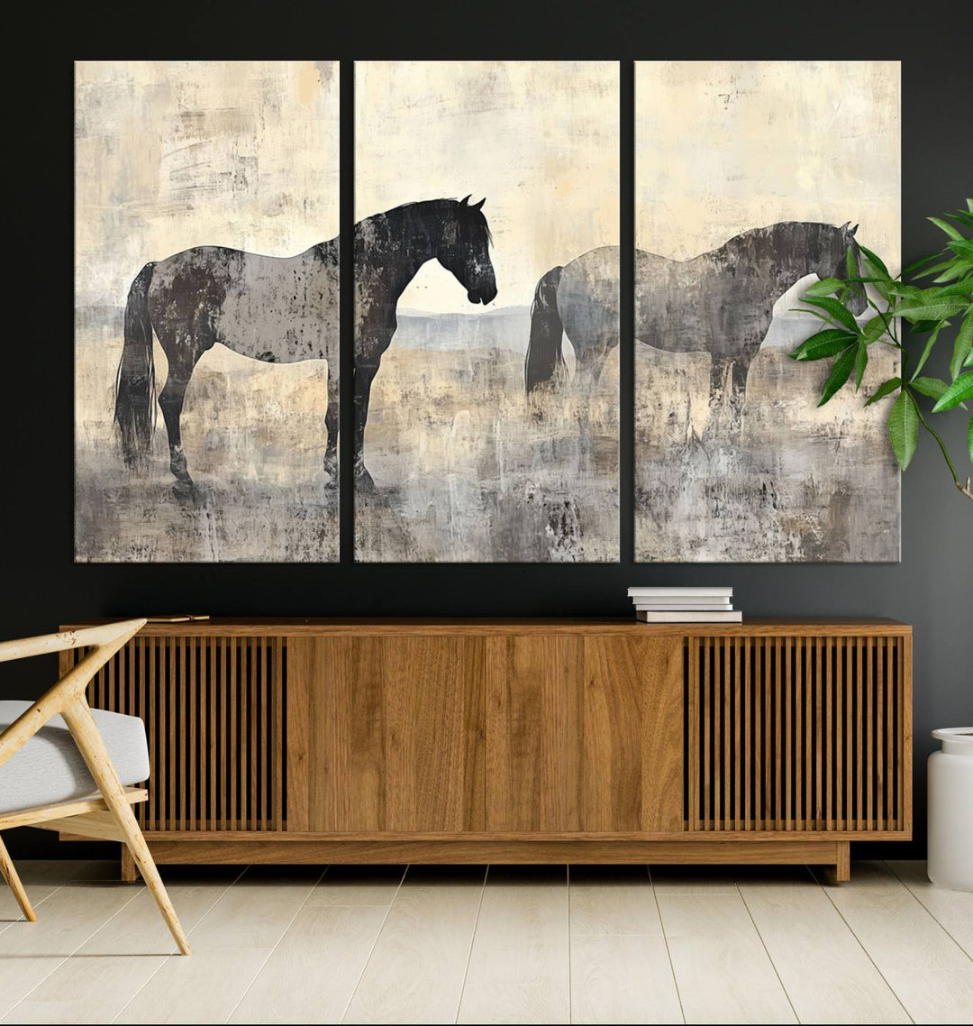 Abstract Horse Canvas Wall Art Print - Rustic Equestrian Decor Featuring Two Horses, Western Farmhouse Wall Art for Living Room, Office, Ready to Hang