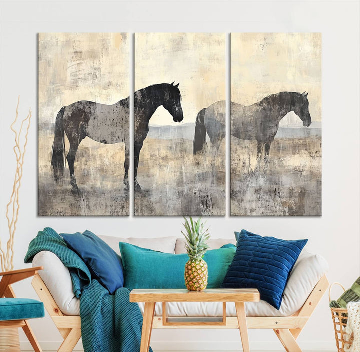 Abstract Horse Canvas Wall Art Print - Rustic Equestrian Decor Featuring Two Horses, Western Farmhouse Wall Art for Living Room, Office, Ready to Hang