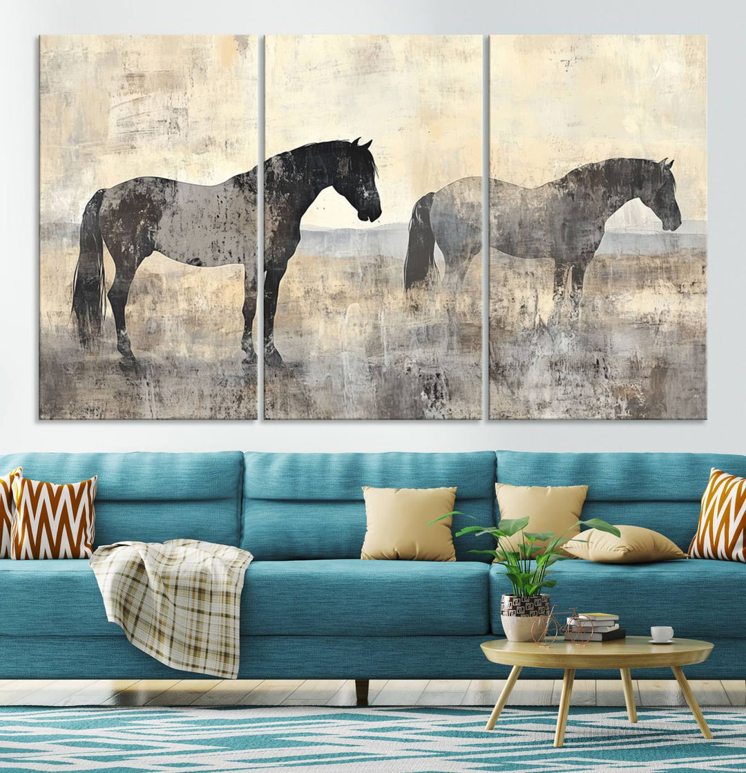 Abstract Horse Canvas Wall Art Print - Rustic Equestrian Decor Featuring Two Horses, Western Farmhouse Wall Art for Living Room, Office, Ready to Hang