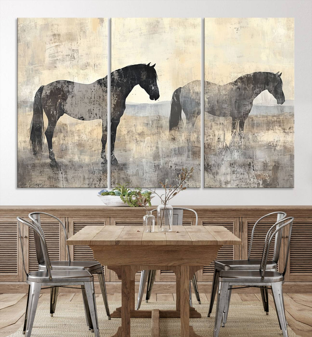 Abstract Horse Canvas Wall Art Print - Rustic Equestrian Decor Featuring Two Horses, Western Farmhouse Wall Art for Living Room, Office, Ready to Hang