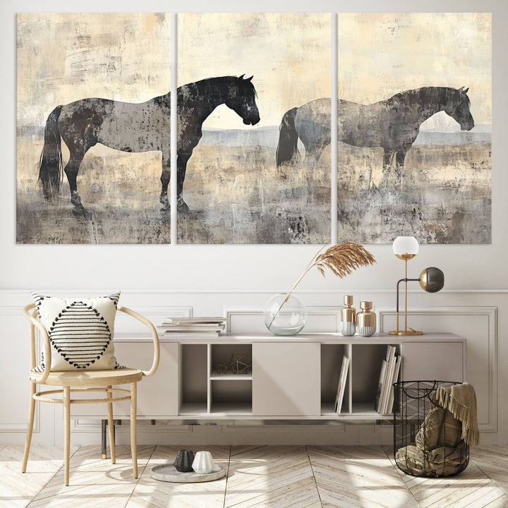 Abstract Horse Canvas Wall Art Print - Rustic Equestrian Decor Featuring Two Horses, Western Farmhouse Wall Art for Living Room, Office, Ready to Hang