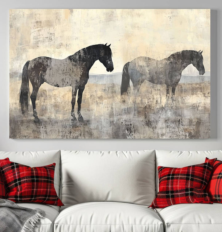 Abstract Horse Canvas Wall Art Print - Rustic Equestrian Decor Featuring Two Horses, Western Farmhouse Wall Art for Living Room, Office, Ready to Hang