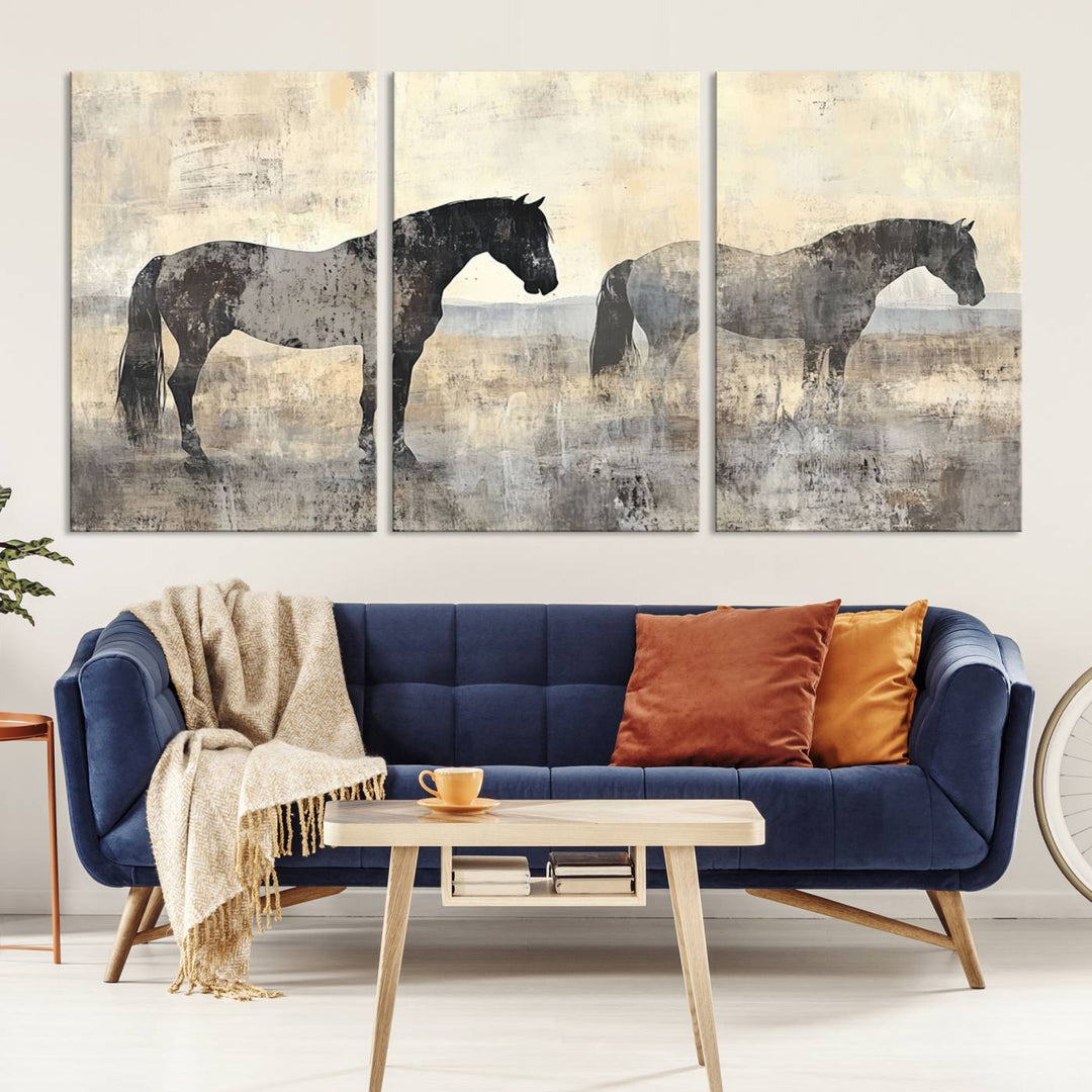 Abstract Horse Canvas Wall Art Print - Rustic Equestrian Decor Featuring Two Horses, Western Farmhouse Wall Art for Living Room, Office, Ready to Hang