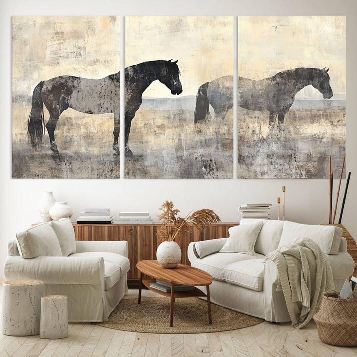 Abstract Horse Canvas Wall Art Print - Rustic Equestrian Decor Featuring Two Horses, Western Farmhouse Wall Art for Living Room, Office, Ready to Hang