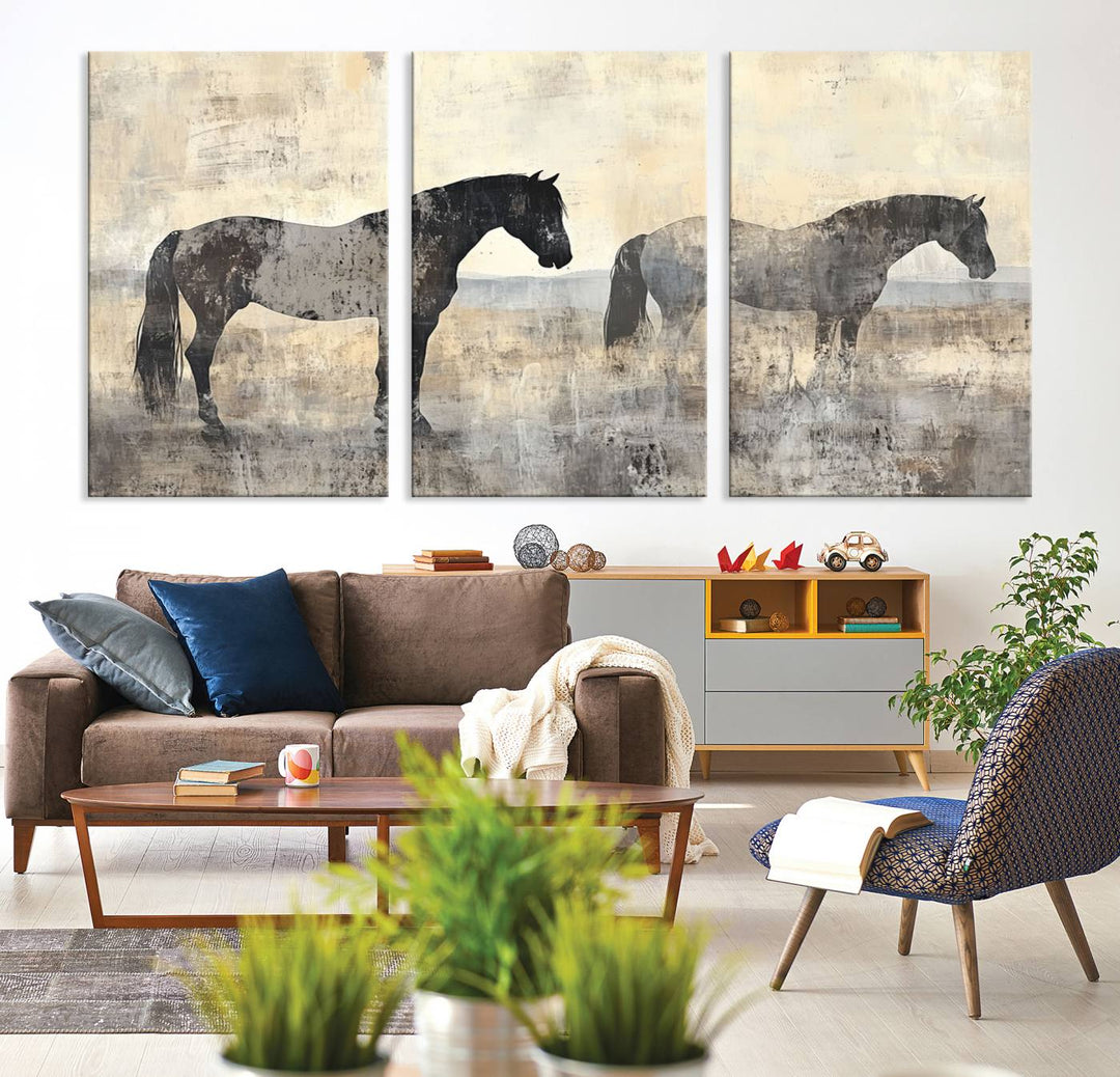 Abstract Horse Canvas Wall Art Print - Rustic Equestrian Decor Featuring Two Horses, Western Farmhouse Wall Art for Living Room, Office, Ready to Hang