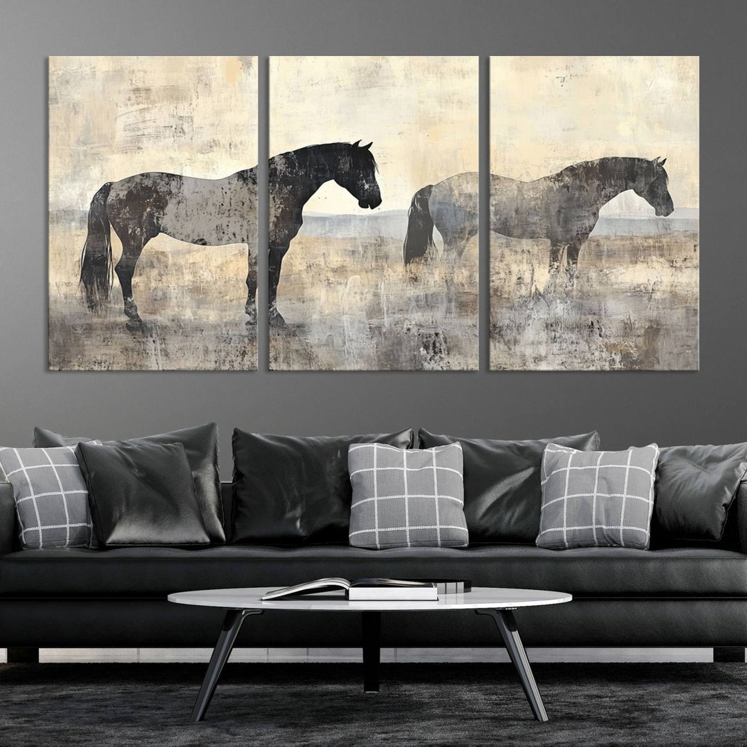 Abstract Horse Canvas Wall Art Print - Rustic Equestrian Decor Featuring Two Horses, Western Farmhouse Wall Art for Living Room, Office, Ready to Hang