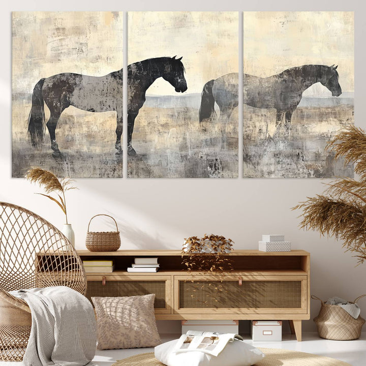 Abstract Horse Canvas Wall Art Print - Rustic Equestrian Decor Featuring Two Horses, Western Farmhouse Wall Art for Living Room, Office, Ready to Hang