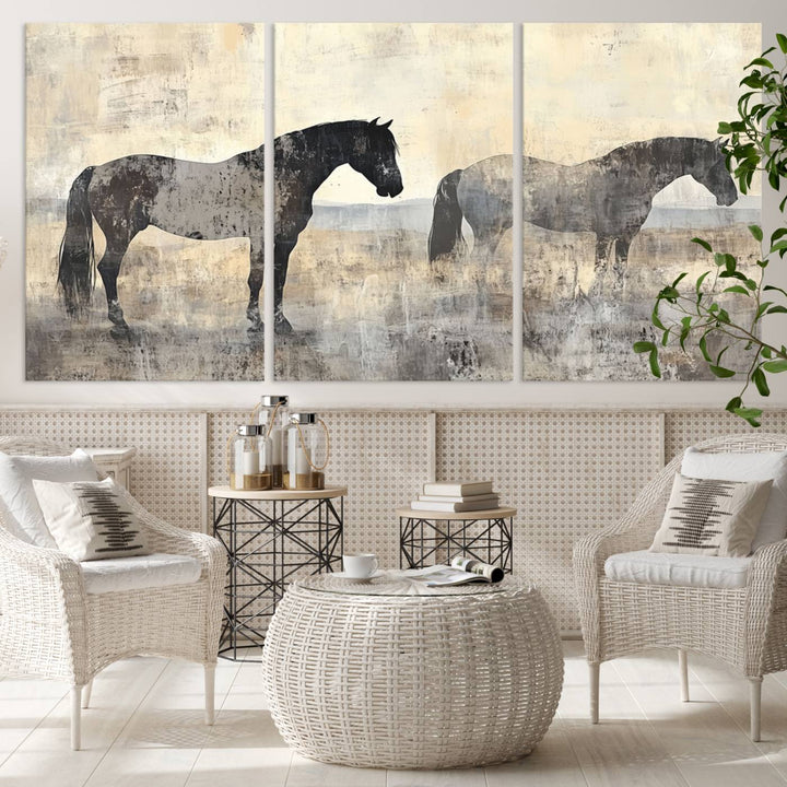 Abstract Horse Canvas Wall Art Print - Rustic Equestrian Decor Featuring Two Horses, Western Farmhouse Wall Art for Living Room, Office, Ready to Hang