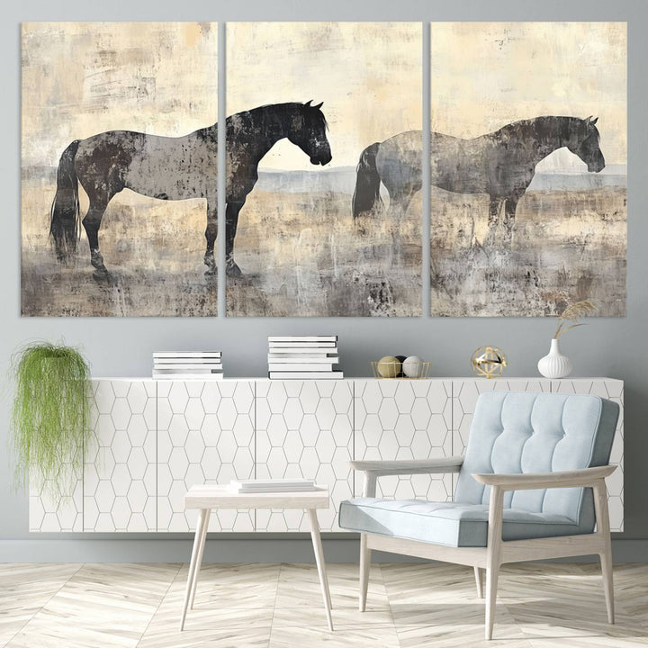 Abstract Horse Canvas Wall Art Print - Rustic Equestrian Decor Featuring Two Horses, Western Farmhouse Wall Art for Living Room, Office, Ready to Hang