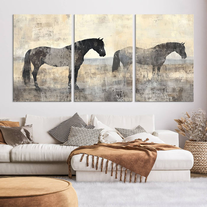 Abstract Horse Canvas Wall Art Print - Rustic Equestrian Decor Featuring Two Horses, Western Farmhouse Wall Art for Living Room, Office, Ready to Hang