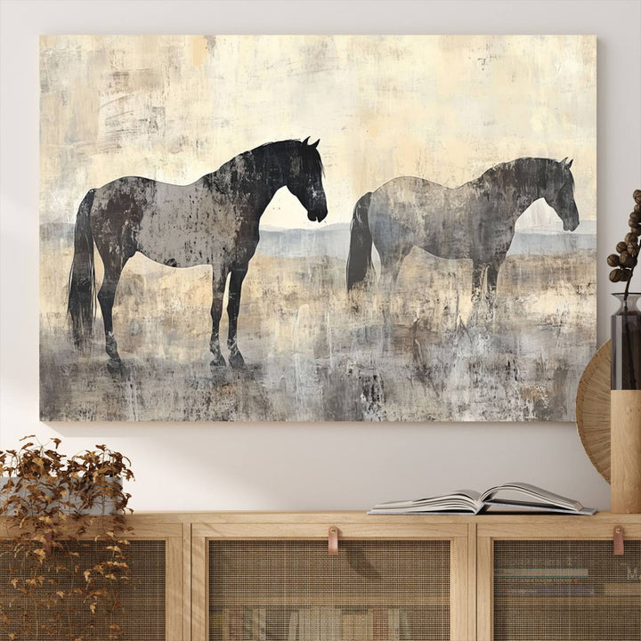 Abstract Horse Canvas Wall Art Print - Rustic Equestrian Decor Featuring Two Horses, Western Farmhouse Wall Art for Living Room, Office, Ready to Hang