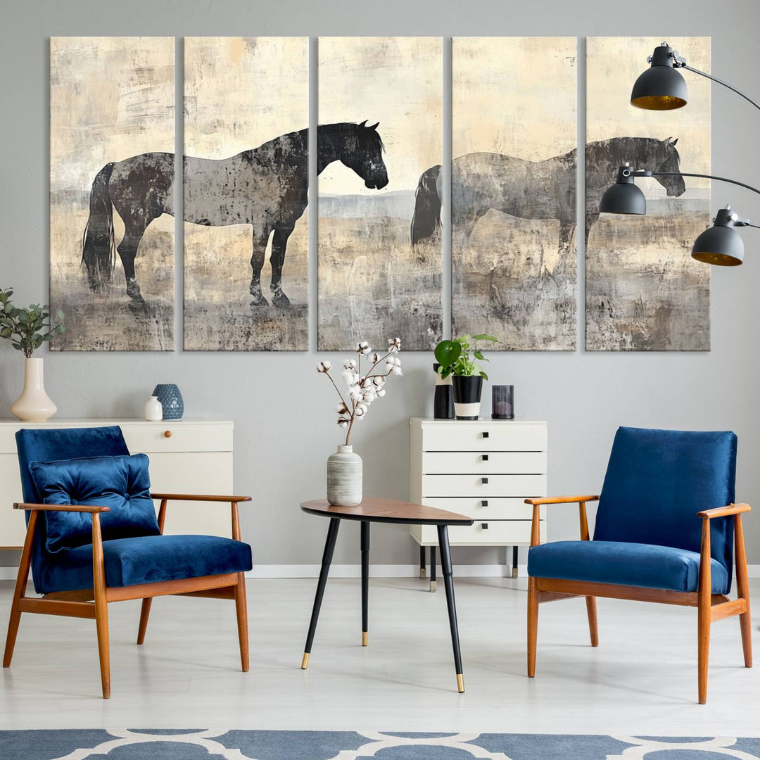 Abstract Horse Canvas Wall Art Print - Rustic Equestrian Decor Featuring Two Horses, Western Farmhouse Wall Art for Living Room, Office, Ready to Hang