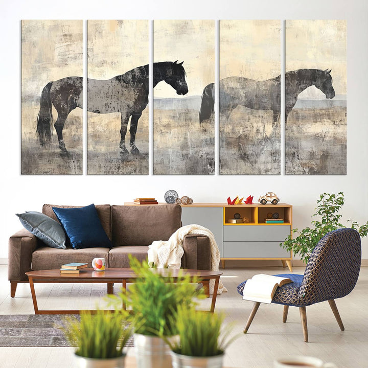 Abstract Horse Canvas Wall Art Print - Rustic Equestrian Decor Featuring Two Horses, Western Farmhouse Wall Art for Living Room, Office, Ready to Hang