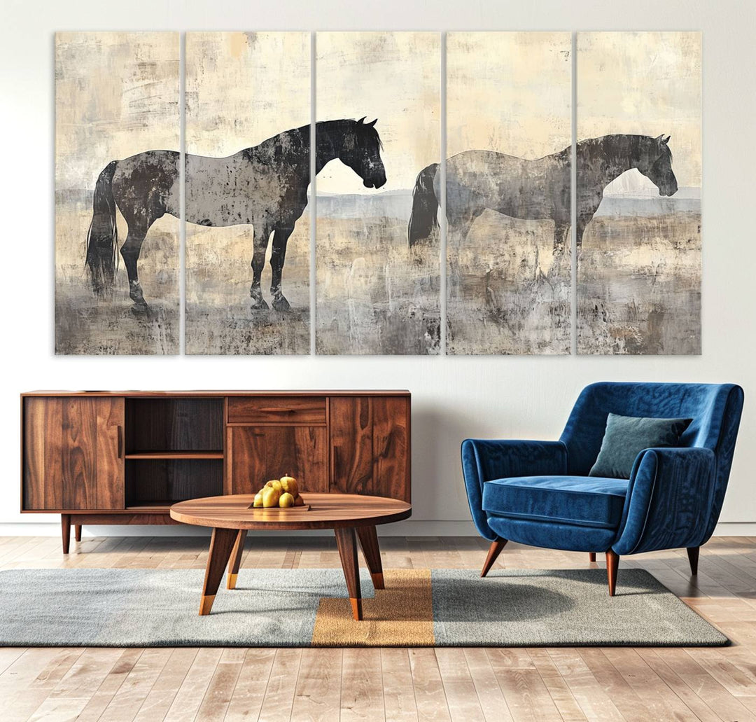 Abstract Horse Canvas Wall Art Print - Rustic Equestrian Decor Featuring Two Horses, Western Farmhouse Wall Art for Living Room, Office, Ready to Hang