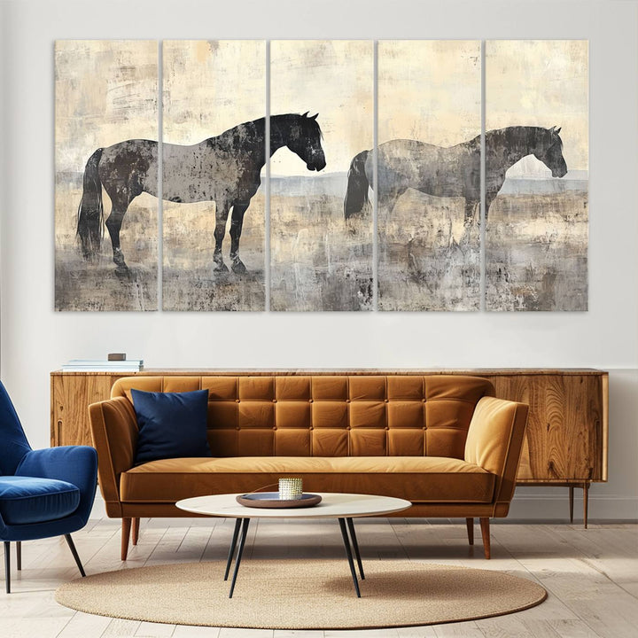 Abstract Horse Canvas Wall Art Print - Rustic Equestrian Decor Featuring Two Horses, Western Farmhouse Wall Art for Living Room, Office, Ready to Hang