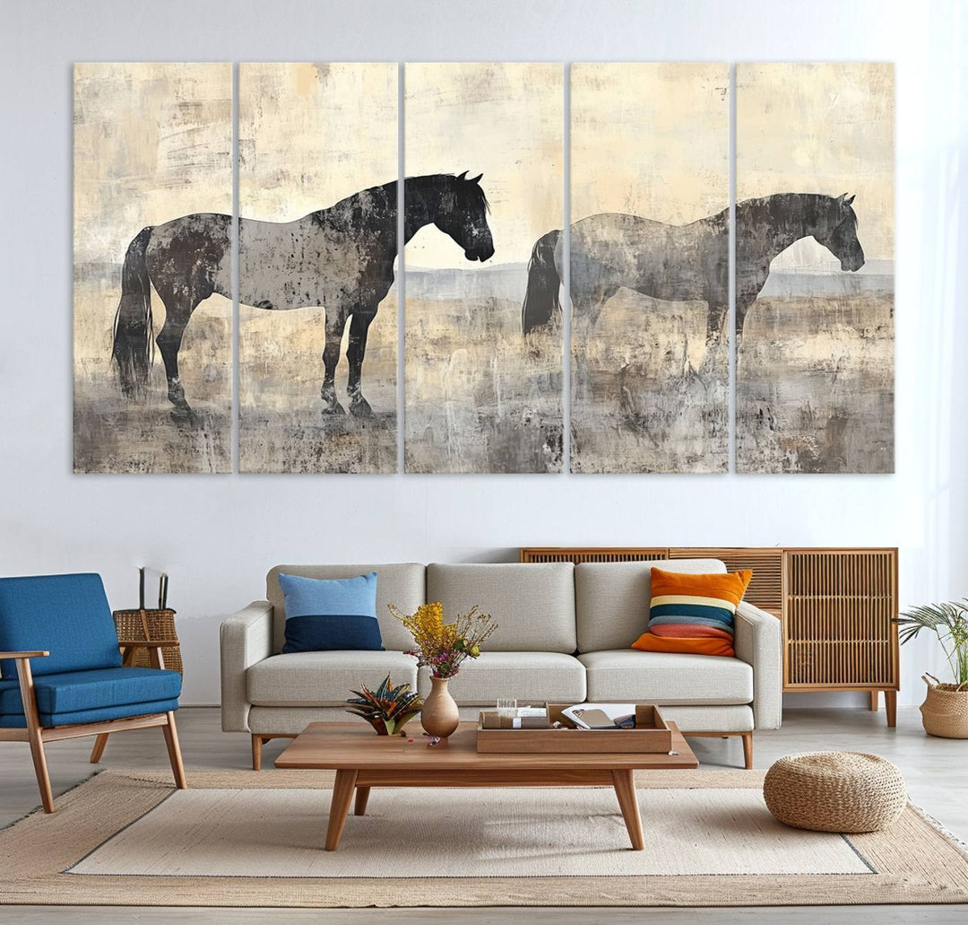 Abstract Horse Canvas Wall Art Print - Rustic Equestrian Decor Featuring Two Horses, Western Farmhouse Wall Art for Living Room, Office, Ready to Hang