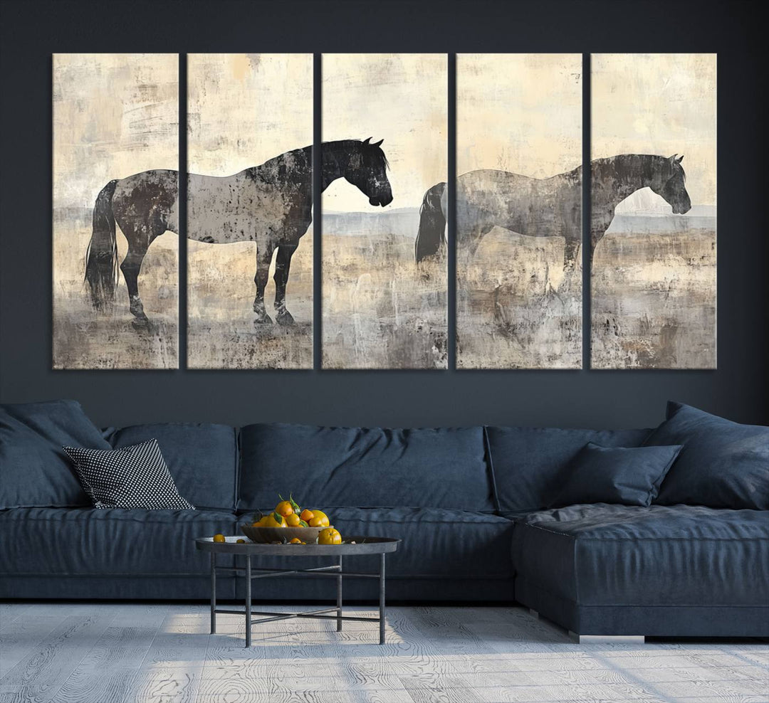 Abstract Horse Canvas Wall Art Print - Rustic Equestrian Decor Featuring Two Horses, Western Farmhouse Wall Art for Living Room, Office, Ready to Hang