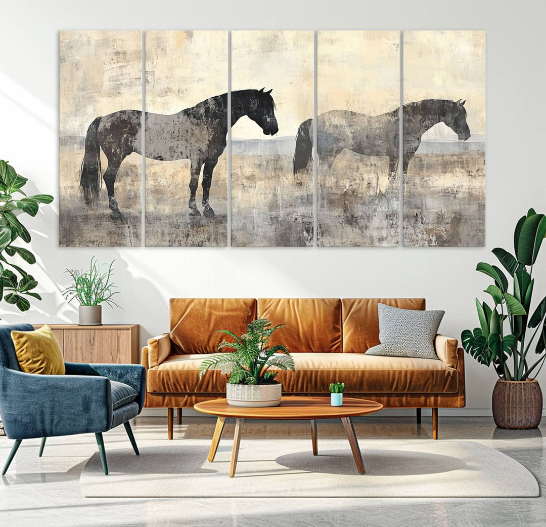 Abstract Horse Canvas Wall Art Print - Rustic Equestrian Decor Featuring Two Horses, Western Farmhouse Wall Art for Living Room, Office, Ready to Hang