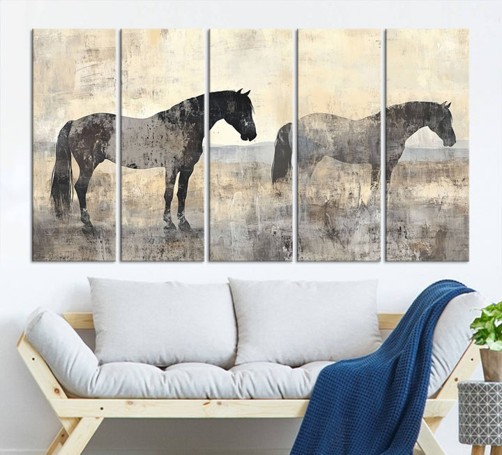 Abstract Horse Canvas Wall Art Print - Rustic Equestrian Decor Featuring Two Horses, Western Farmhouse Wall Art for Living Room, Office, Ready to Hang