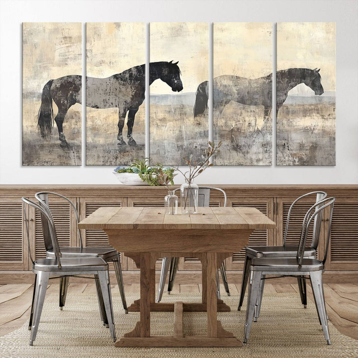 Abstract Horse Canvas Wall Art Print - Rustic Equestrian Decor Featuring Two Horses, Western Farmhouse Wall Art for Living Room, Office, Ready to Hang