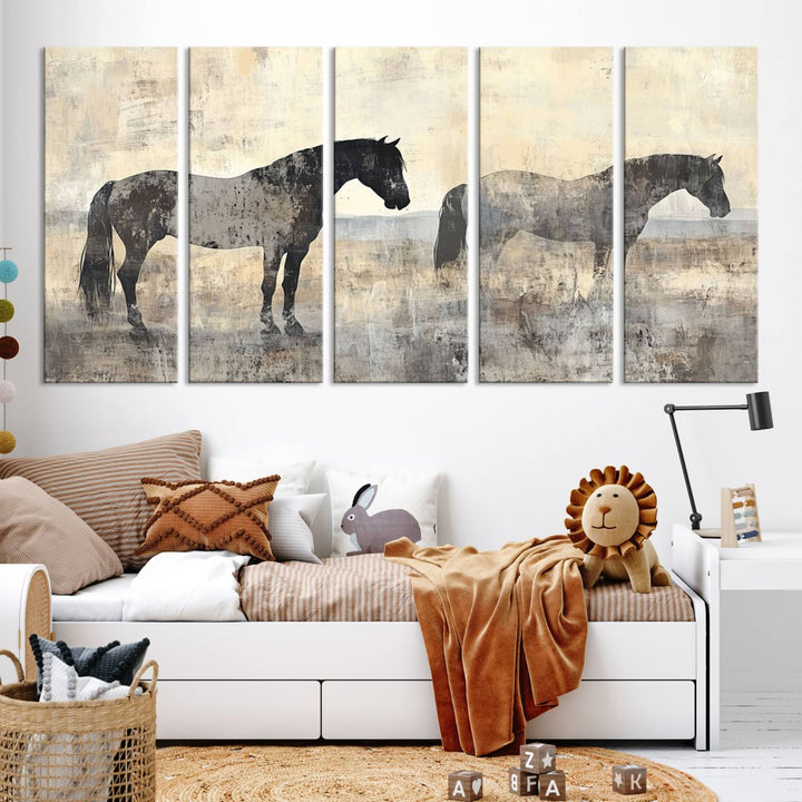 Abstract Horse Canvas Wall Art Print - Rustic Equestrian Decor Featuring Two Horses, Western Farmhouse Wall Art for Living Room, Office, Ready to Hang