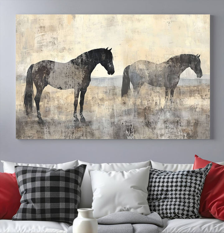 Abstract Horse Canvas Wall Art Print - Rustic Equestrian Decor Featuring Two Horses, Western Farmhouse Wall Art for Living Room, Office, Ready to Hang