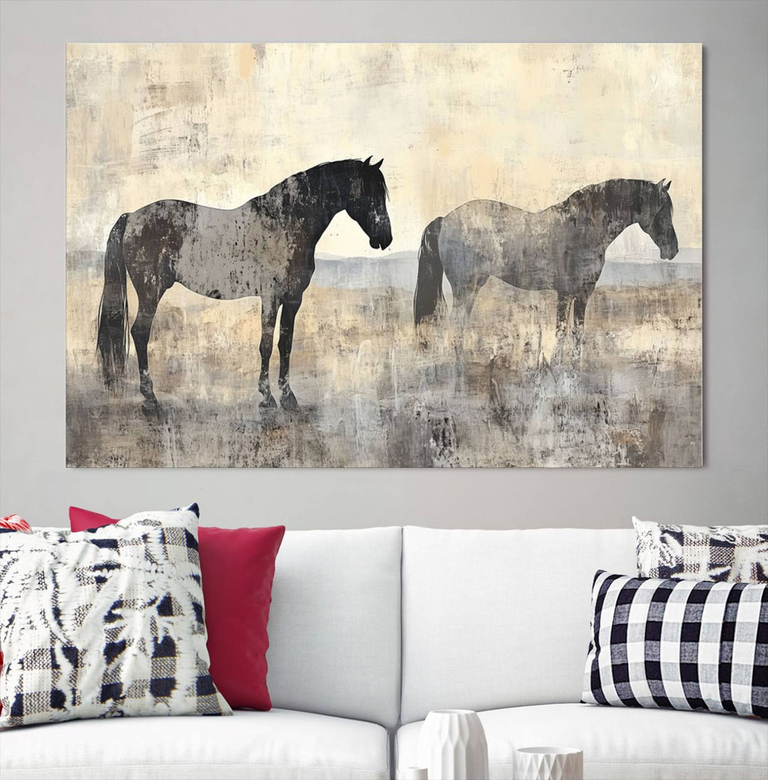 Abstract Horse Canvas Wall Art Print - Rustic Equestrian Decor Featuring Two Horses, Western Farmhouse Wall Art for Living Room, Office, Ready to Hang