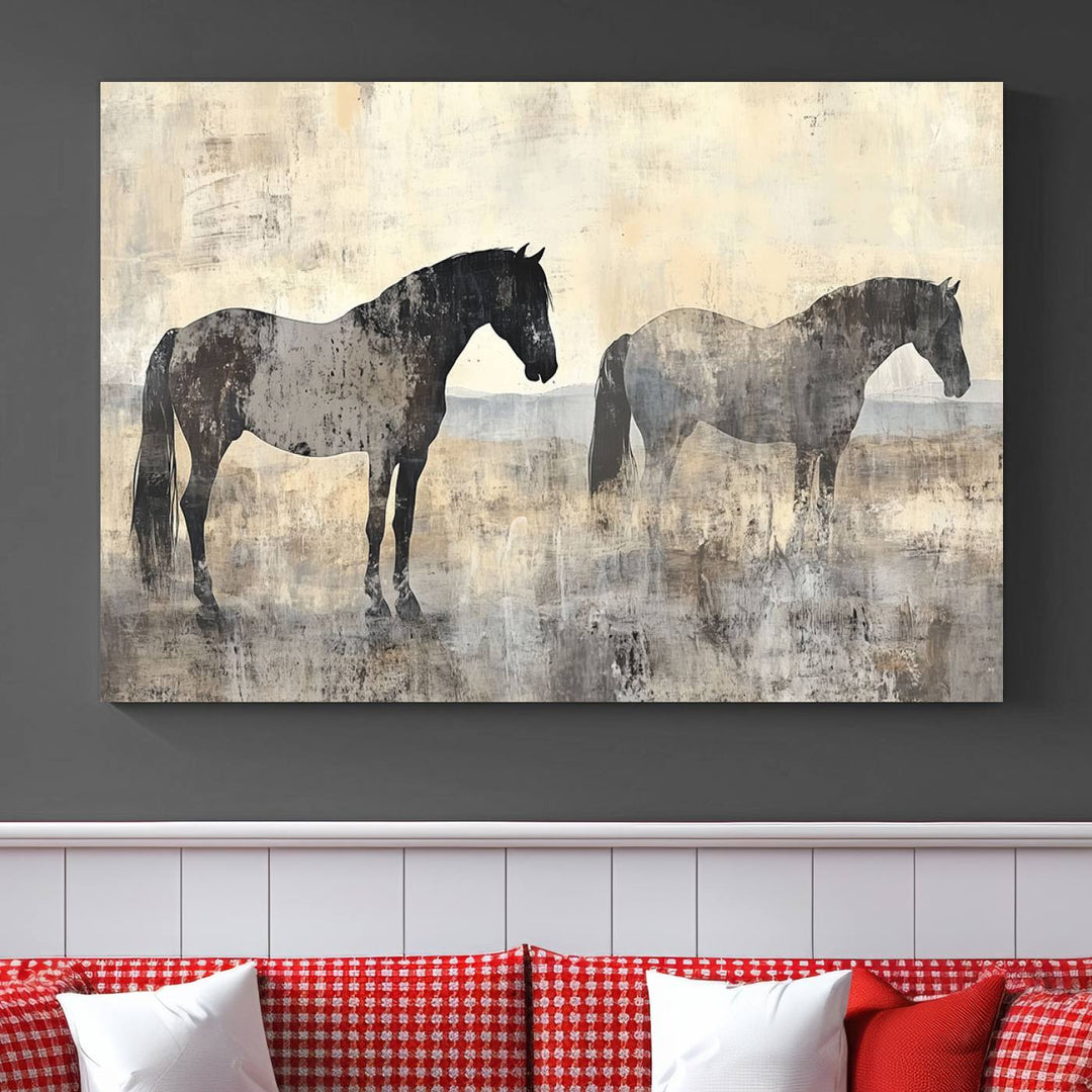 Abstract Horse Canvas Wall Art Print - Rustic Equestrian Decor Featuring Two Horses, Western Farmhouse Wall Art for Living Room, Office, Ready to Hang