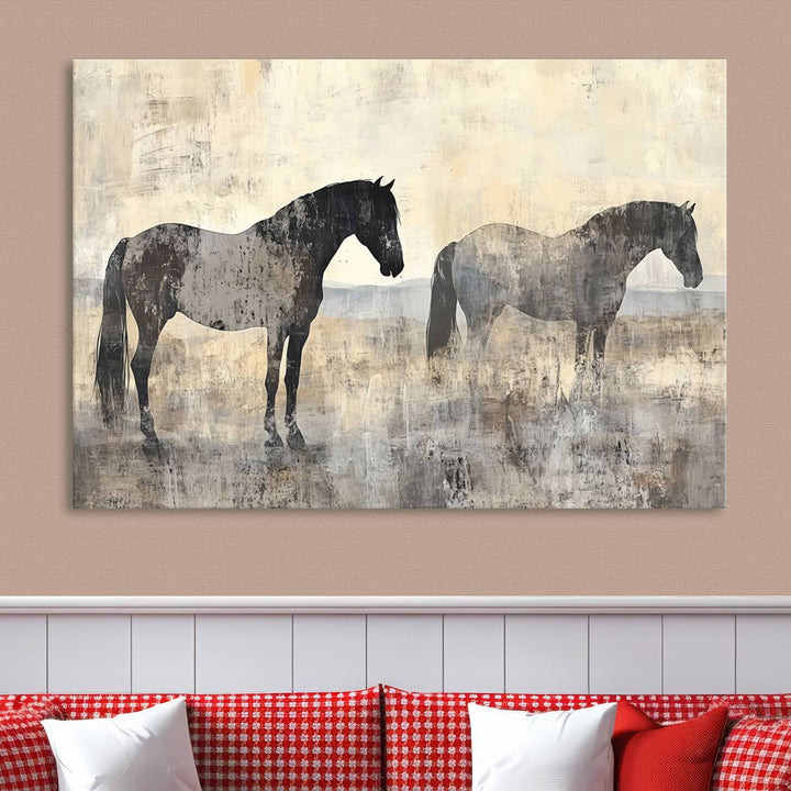 Abstract Horse Canvas Wall Art Print - Rustic Equestrian Decor Featuring Two Horses, Western Farmhouse Wall Art for Living Room, Office, Ready to Hang