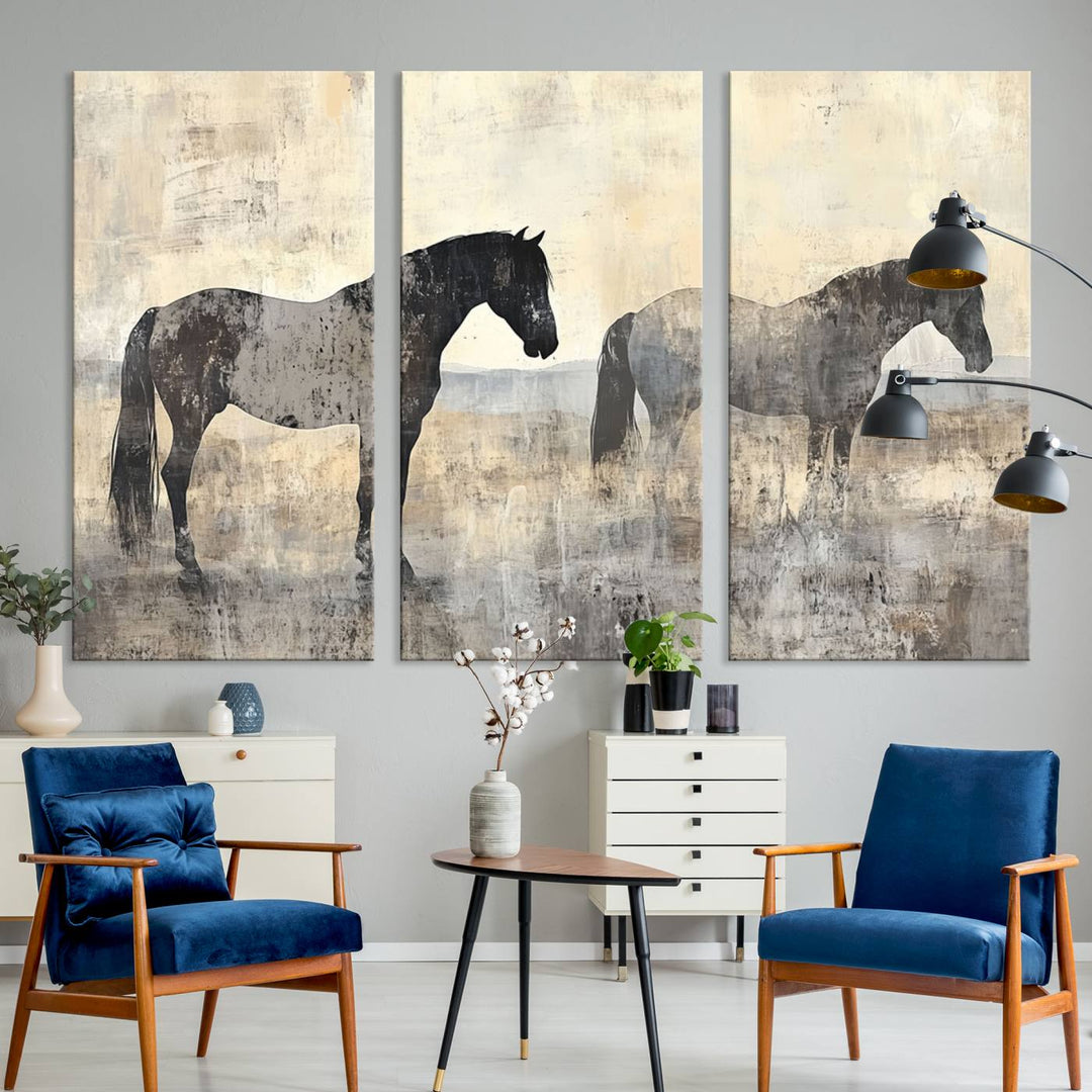 Abstract Horse Canvas Wall Art Print - Rustic Equestrian Decor Featuring Two Horses, Western Farmhouse Wall Art for Living Room, Office, Ready to Hang