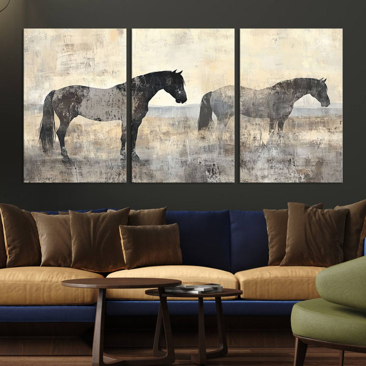 Abstract Horse Canvas Wall Art Print - Rustic Equestrian Decor Featuring Two Horses, Western Farmhouse Wall Art for Living Room, Office, Ready to Hang